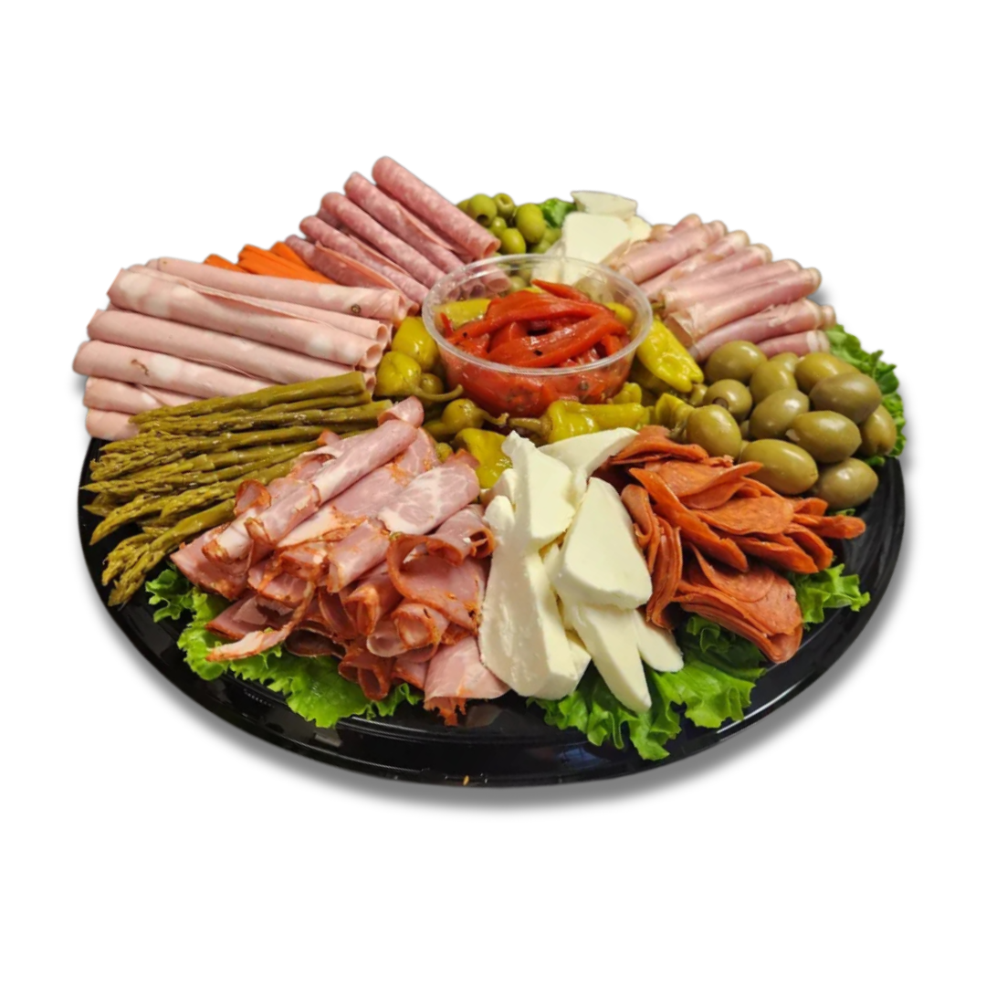 Antipasto platter with cured meats, cheeses, olives and vegetables